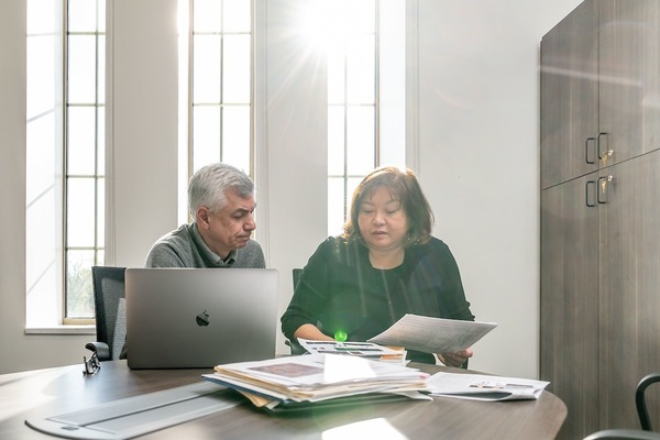 Shahriar Mobashery, Navari Family Professor of Life Sciences, and Mayland Chang, research professor of chemistry and biochemistry, in their office in McCourtney Hall